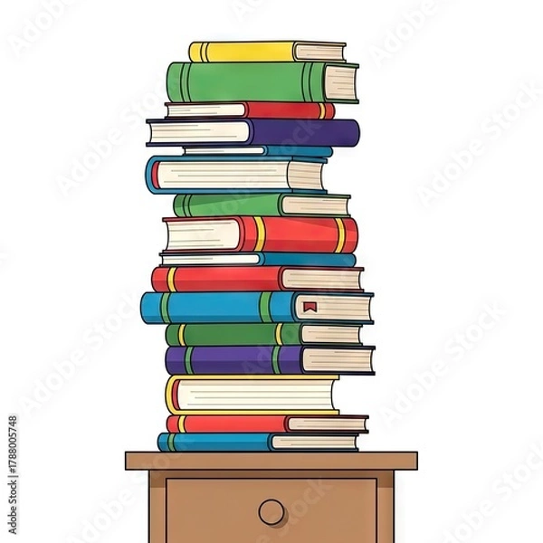 Fototapeta Stacked Colorful Books on a Small Wooden Table Against a White Background