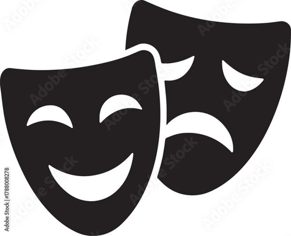 Fototapeta Comedy and tragedy masks icon in bold silhouette style, symbolizing theater and drama.