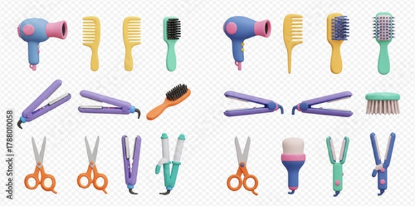 Obraz A collection of colorful 3D rendered hair styling and grooming tools, including dryers, combs, brushes, straighteners, curling irons, and scissors.