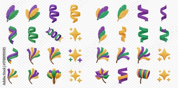 Obraz A collection of Mardi Gras themed elements including feathers, confetti, streamers, and sparkling stars in purple, green, and gold colors.
