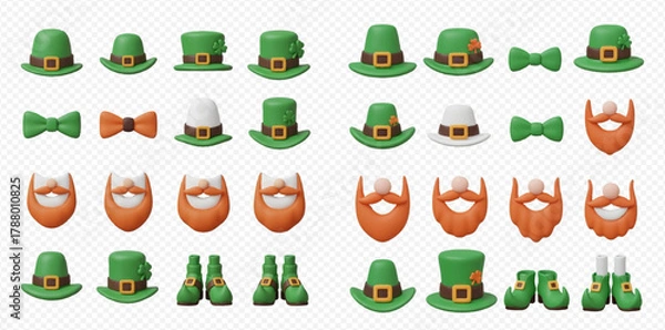 Obraz A collection of 3D rendered St. Patrick's Day elements including green leprechaun hats, bow ties, orange beards, and green boots on a transparent background.