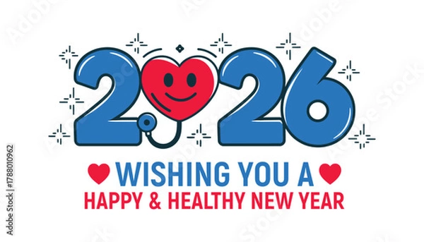 Fototapeta 2026 Happy New Year Greeting with Heart and Stethoscope Health Theme Illustration