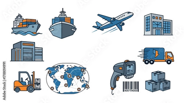 Fototapeta Supply chain and global logistics vector icons collection