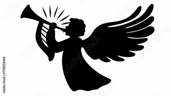 Fototapeta Majestic angel silhouette joyfully plays trumpet announcing celestial tidings with radiant wings extended in a symbolic gesture of peace and hope