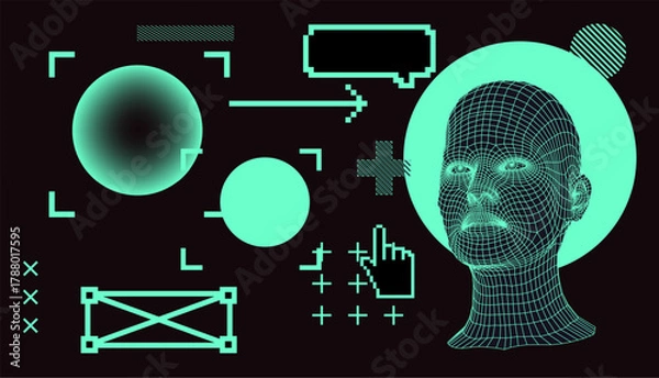 Fototapeta Futuristic wireframe head, digital interface icons, and geometric shapes in neon green on a black background. Cyberpunk style vector illustration with tech-inspired, minimalistic pixel art elements.