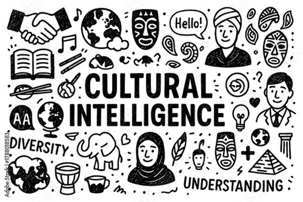 Obraz Cultural intelligence doodle composition with global diversity and communication icons, Transparent Background