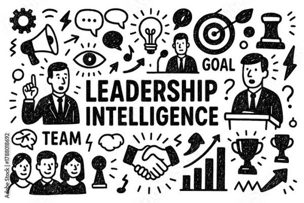 Obraz Leadership intelligence doodle composition with vision, teamwork, and strategy icons, Transparent Background