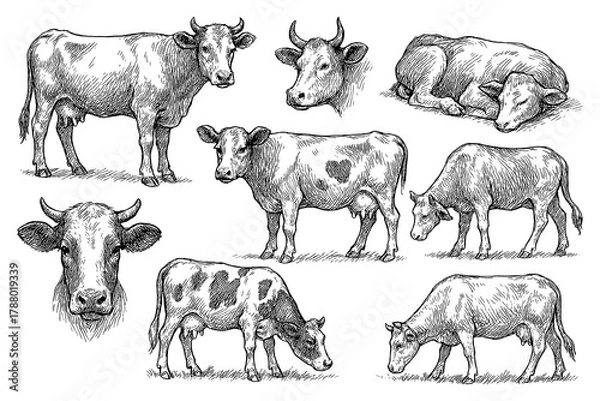 Obraz Cow and calf sketches in detailed vintage engraving style, Transparent Background