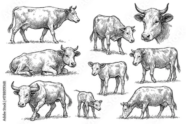 Obraz Cow and calf sketches in detailed vintage engraving style, Transparent Background