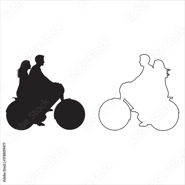 Obraz Couple riding bicycle silhouette and outline graphic vector