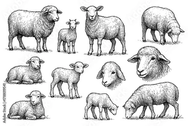 Obraz Sheep and lamb sketches in detailed vintage engraving style, Transparent Background