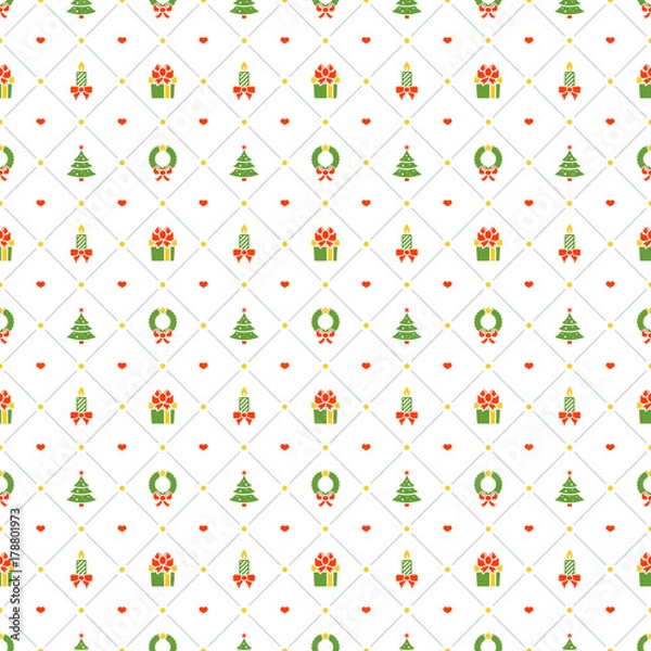 Obraz Christmas seamless pattern with Christmas wreath and gift on white background. Vector background for wrapping paper or greeting cards