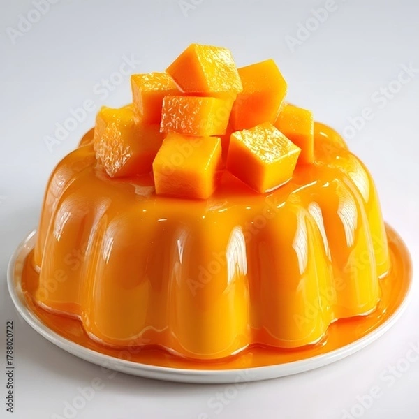 Obraz Vibrant Tropical Mango Pudding Jelly Dessert Topped with Fresh Cubes