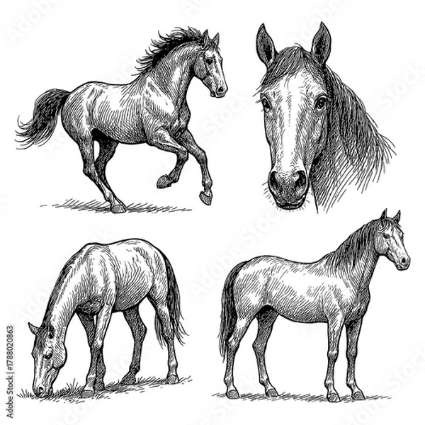 Obraz Horse sketches in detailed vintage engraving style, Transparent Background
