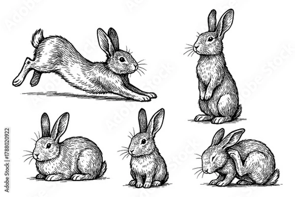 Obraz Rabbit sketches in detailed vintage engraving style, Transparent Background