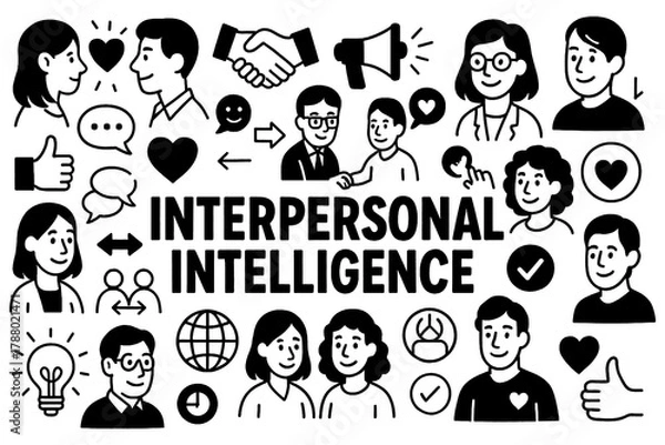 Obraz Intrapersonal intelligence doodle composition with mindfulness, self-awareness, and reflection symbols, Transparent Background