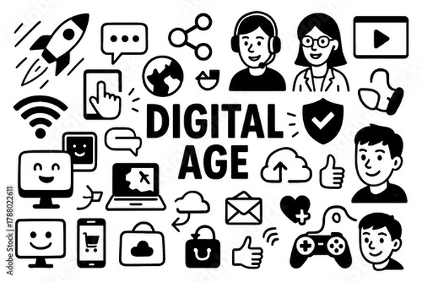 Obraz Digital age concept with technology icons and online lifestyle doodle illustration