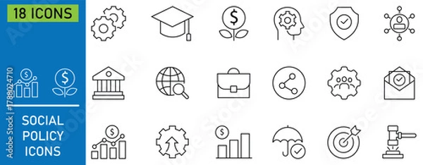 Obraz Collation of social policy line icon set. Containing as equality, justice, human rights,  education, economic, economic growth, global rights and more. Public services concepts. Vector illustration. 