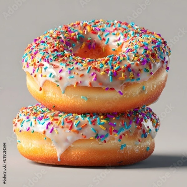 Obraz Stack of Two White Glazed Doughnuts with Rainbow Sprinkles