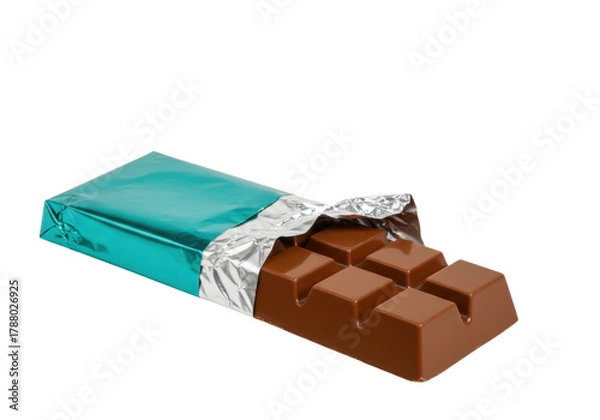 Obraz Isolated chocolate bar in wrapper unwrapped, delicious confectionery and treat, sweets