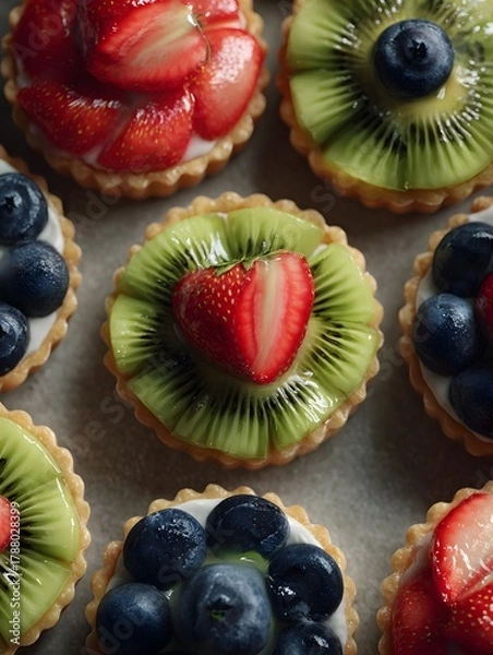 Obraz Arrangement of Fresh Kiwi and Strawberry Fruit Tarts