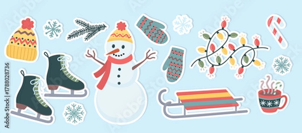 Fototapeta Sticker set of cute winter objects. Sled, ice skates, snowman, knitted hat, cup of cocoa, colorful lights, snowflakes and mittens. 