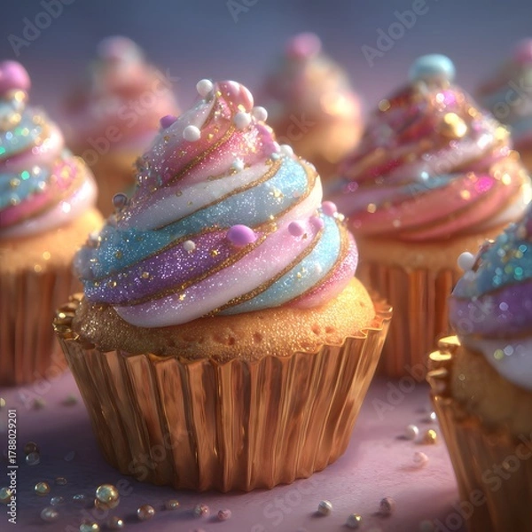 Obraz Glittering Unicorn Swirl Cupcake Dessert Close-up