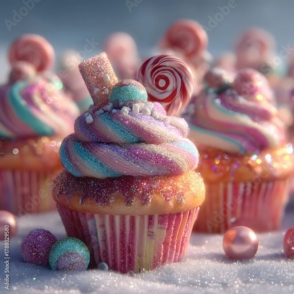 Obraz Magical Winter Cupcake with Sparkling Swirl Frosting and Lollipop Topper