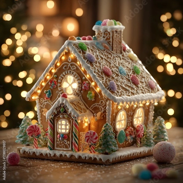 Obraz Warm Glowing Gingerbread House with Candy Decorations and Christmas Tree Lights