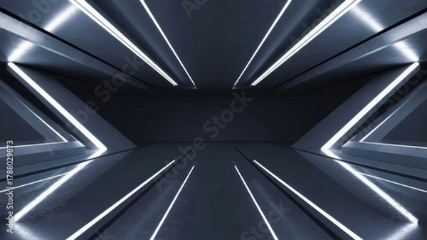 Fototapeta Dark Minimalist 3D Sci-fi Corridor Background with Futuristic White Neon Lights