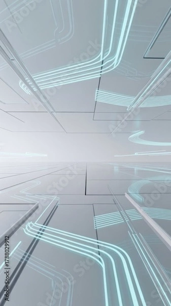 Fototapeta Clean White 3D Technology Background with Bright Futuristic Teal-Blue Neon Lines