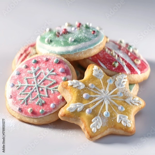 Obraz Assorted Christmas Sugar Cookies with Royal Icing Snowflake Decoration