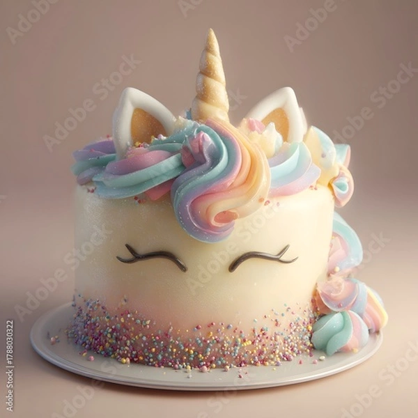 Obraz Charming Unicorn Birthday Cake with Pastel Rainbow Buttercream Mane