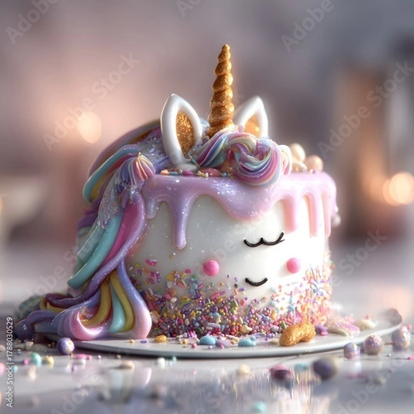 Obraz Cute Mini Unicorn Birthday Cake with Rainbow Mane and Sprinkles