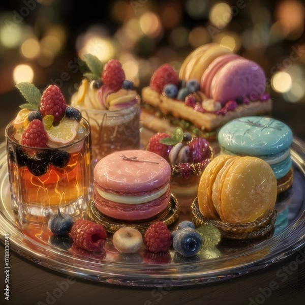 Fototapeta Luxury Dessert Selection on Silver Tray with Macarons and Fruit Jars