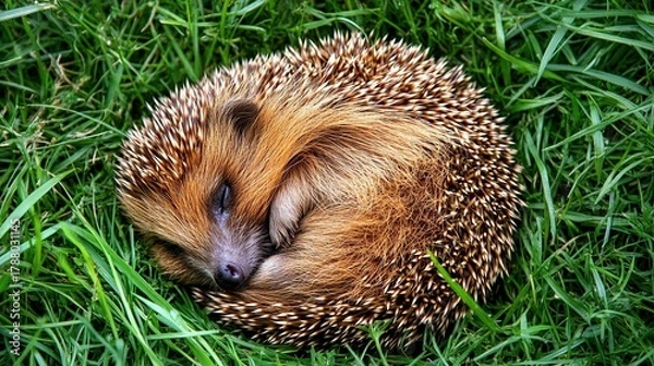 Fototapeta A small curled hedgehog peacefully resting in fresh green grass with visible spines