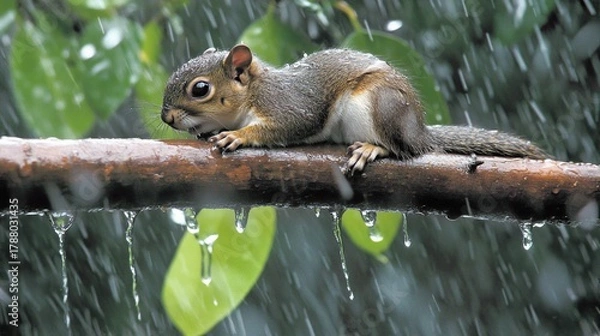 Fototapeta A Small Wet Squirrel Perched on a Rain-Drenched Branch in a Lush Green Garden