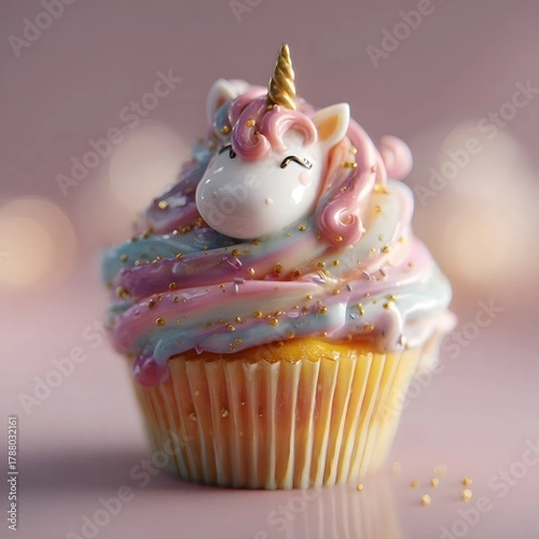 Obraz Magical Unicorn Cupcake with Pastel Swirl Frosting and Glitter Sprinkles