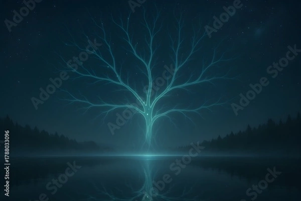 Fototapeta Luminescent Tree of Energy Reflected Over Calm Lake Under Starry Sky – Symbol of Life and Connection