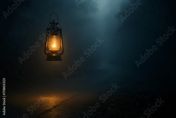Fototapeta Glowing Lantern Floating in Foggy Night Forest – Symbol of Hope and Guidance in Darkness