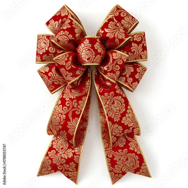 Fototapeta A bow made of red and gold fabric for decoration Christmas tree on white background