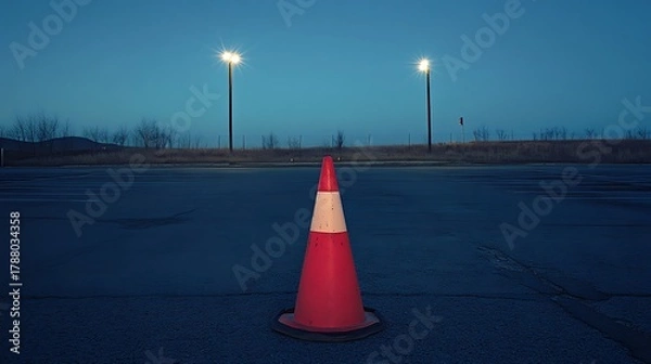 Obraz Traffic safety cone stands on empty parking lot under the blue twilight sky