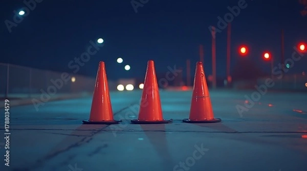 Obraz Three orange traffic cones stand guard on a stark road under a deep blue night sky