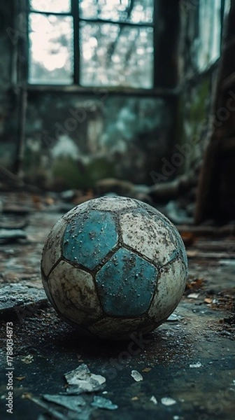 Obraz Abandoned dreams: A forgotten soccer ball in a dilapidated building evokes loss