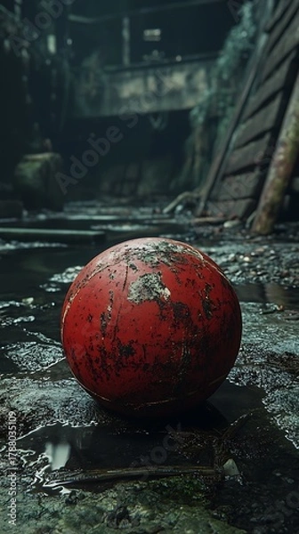 Obraz Distressed Sphere: A solitary red ball resting in a post-apocalyptic urban space