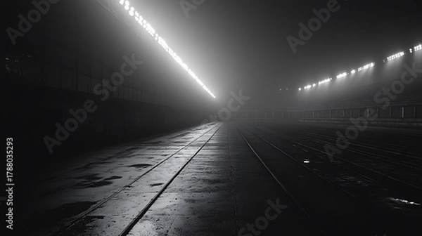 Obraz Eerie atmosphere: Dark industrial space illuminated by distant lights at night