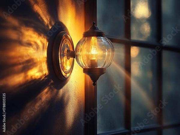 Obraz Warm light of a wall-mounted vintage lamp creating a dramatic shadow display