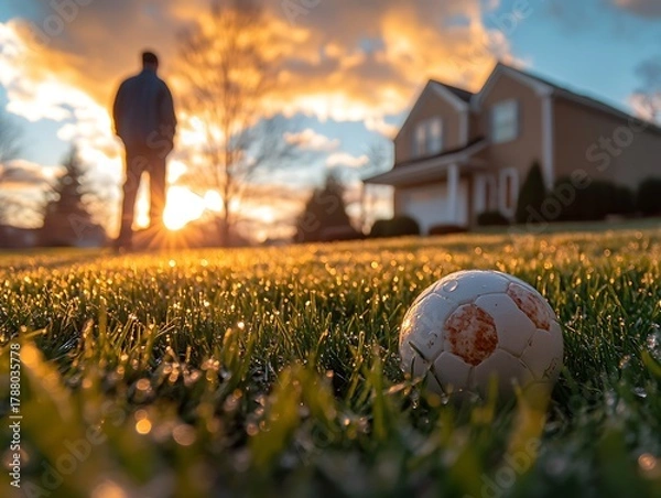 Fototapeta Golden hour tranquility: Silhouette figure and a soccer ball in a residential scene