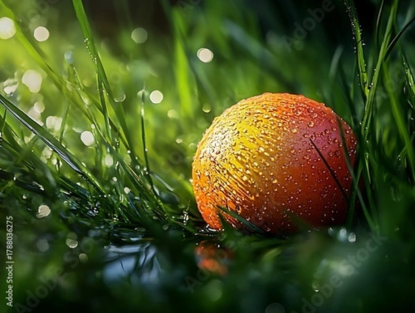 Obraz Dew-Kissed Sphere: A vibrant spherical object resting among lush green grass