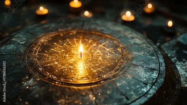 Fototapeta Mystical altar illuminated by candles, revealing ancient symbols and cryptic markings